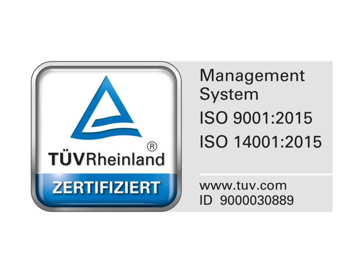 TÜV Rheinland Zertifizierungs-Logo für das Management System nach ISO 9001:2015 und ISO 14001:2015