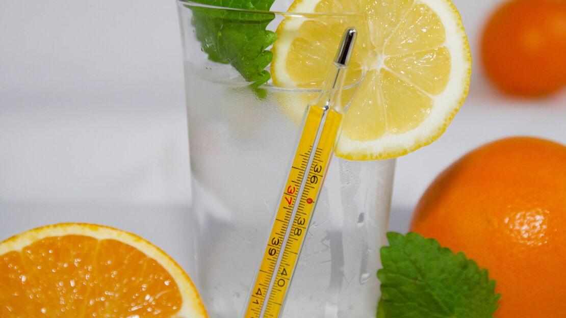 Thermometer lehnt an Glas mit Orangen und Minze