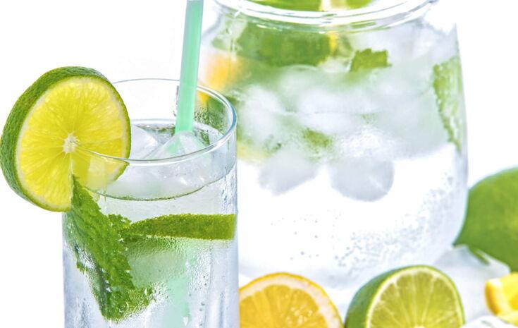 Volle Karaffe und volles Wasserglas mit Limette