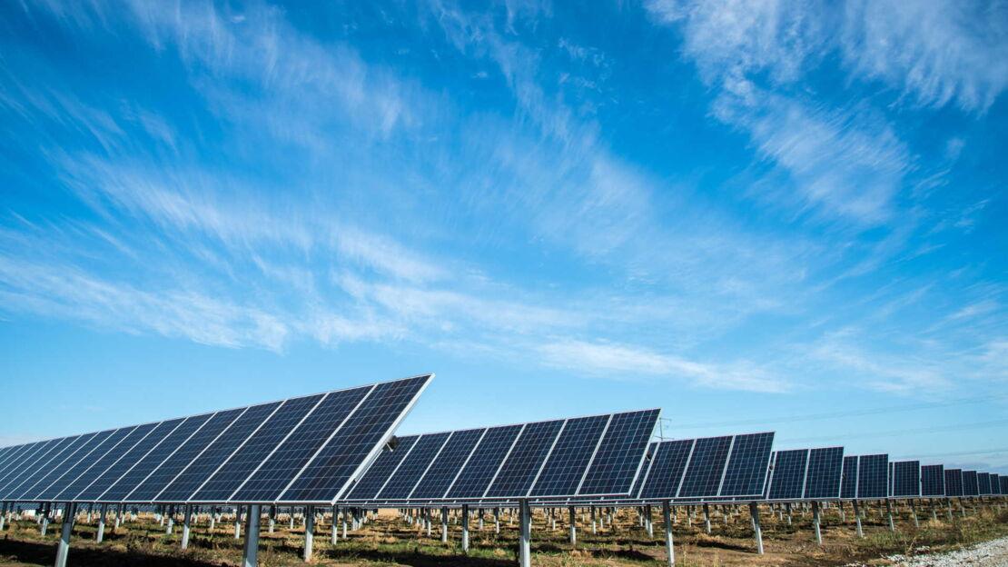 Viele Solaranlagen auf einem Feld bei Sonnenschein und blauem Himmel